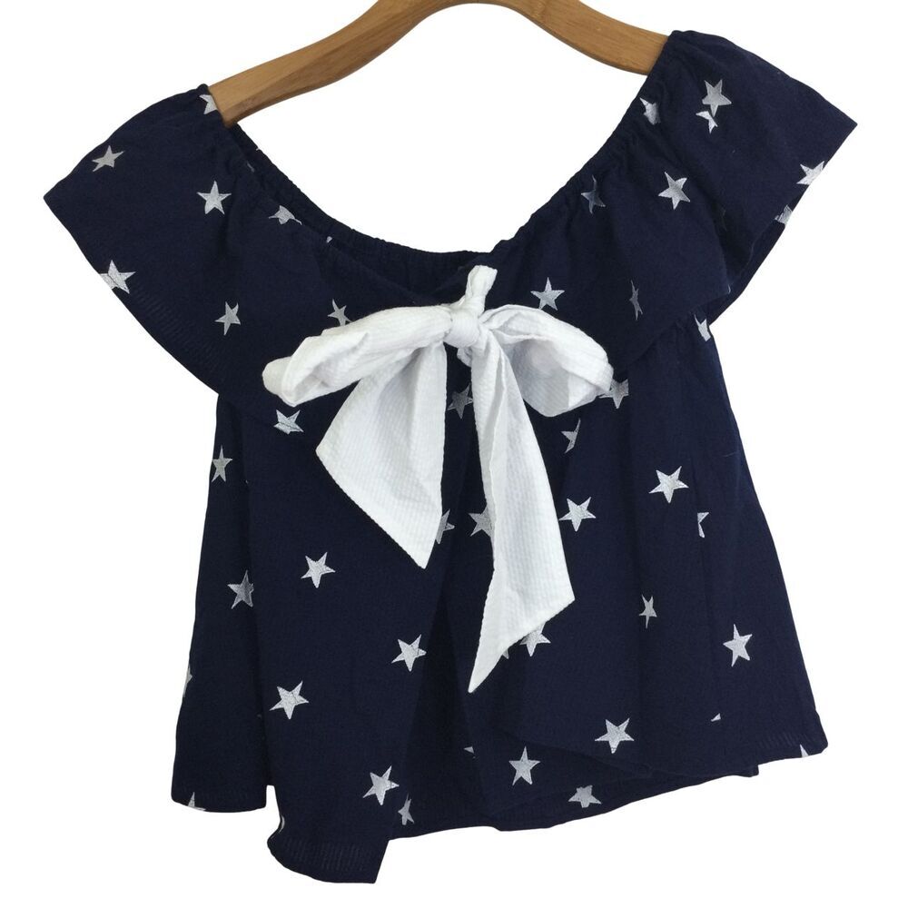 Lauren James Womens Stars Print Off the Shoulder Seersucker Bow Top Navy White L - Picture 2 of 11